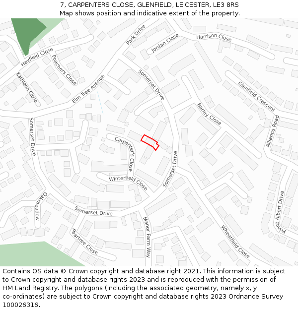 7, CARPENTERS CLOSE, GLENFIELD, LEICESTER, LE3 8RS: Location map and indicative extent of plot