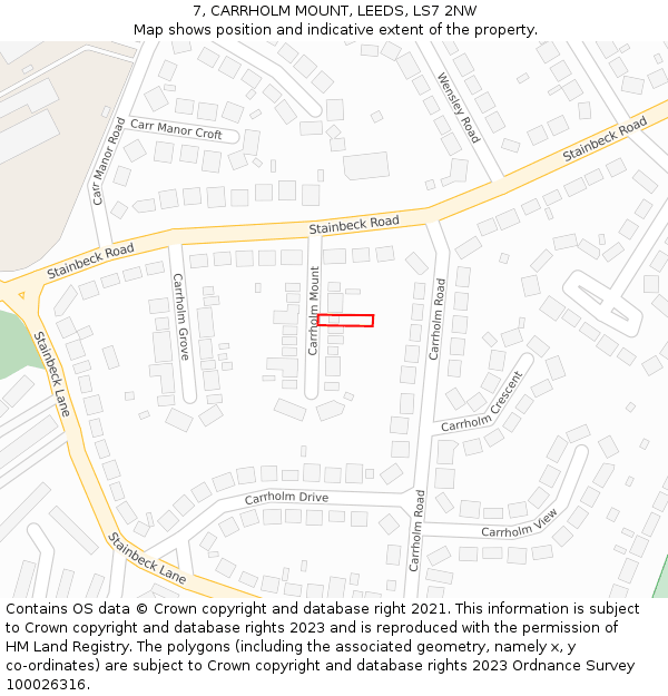 7, CARRHOLM MOUNT, LEEDS, LS7 2NW: Location map and indicative extent of plot
