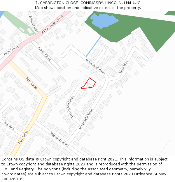 7, CARRINGTON CLOSE, CONINGSBY, LINCOLN, LN4 4UG: Location map and indicative extent of plot