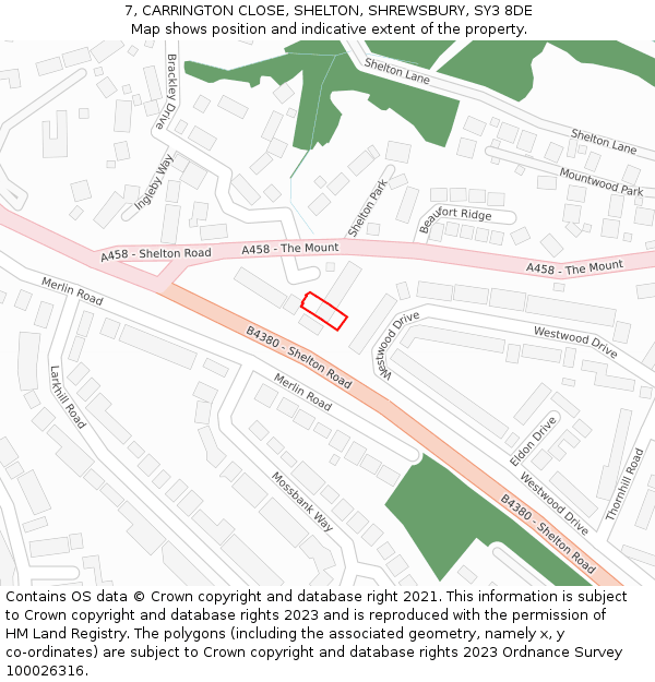 7, CARRINGTON CLOSE, SHELTON, SHREWSBURY, SY3 8DE: Location map and indicative extent of plot