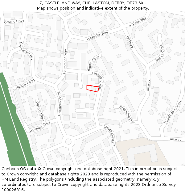 7, CASTLELAND WAY, CHELLASTON, DERBY, DE73 5XU: Location map and indicative extent of plot