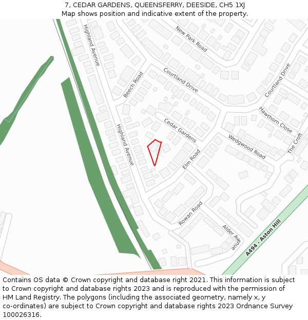 7, CEDAR GARDENS, QUEENSFERRY, DEESIDE, CH5 1XJ: Location map and indicative extent of plot