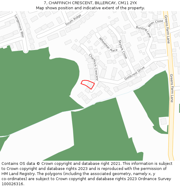 7, CHAFFINCH CRESCENT, BILLERICAY, CM11 2YX: Location map and indicative extent of plot