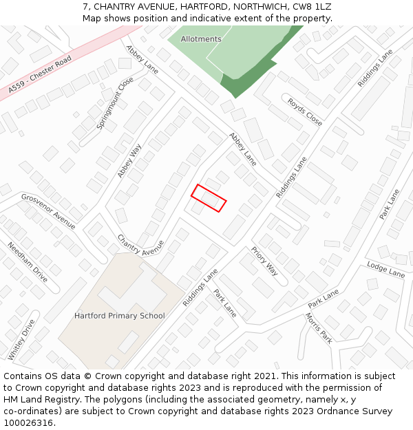7, CHANTRY AVENUE, HARTFORD, NORTHWICH, CW8 1LZ: Location map and indicative extent of plot