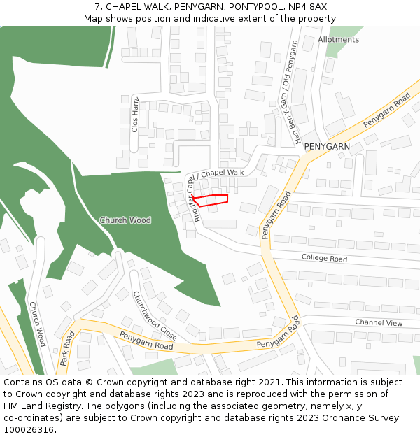 7, CHAPEL WALK, PENYGARN, PONTYPOOL, NP4 8AX: Location map and indicative extent of plot