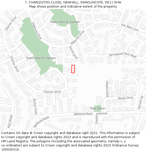 7, CHARLESTON CLOSE, NEWHALL, SWADLINCOTE, DE11 0HW: Location map and indicative extent of plot