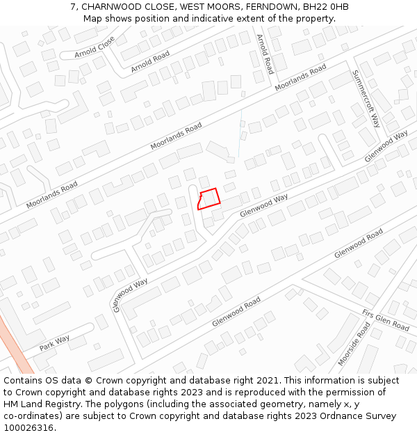 7, CHARNWOOD CLOSE, WEST MOORS, FERNDOWN, BH22 0HB: Location map and indicative extent of plot