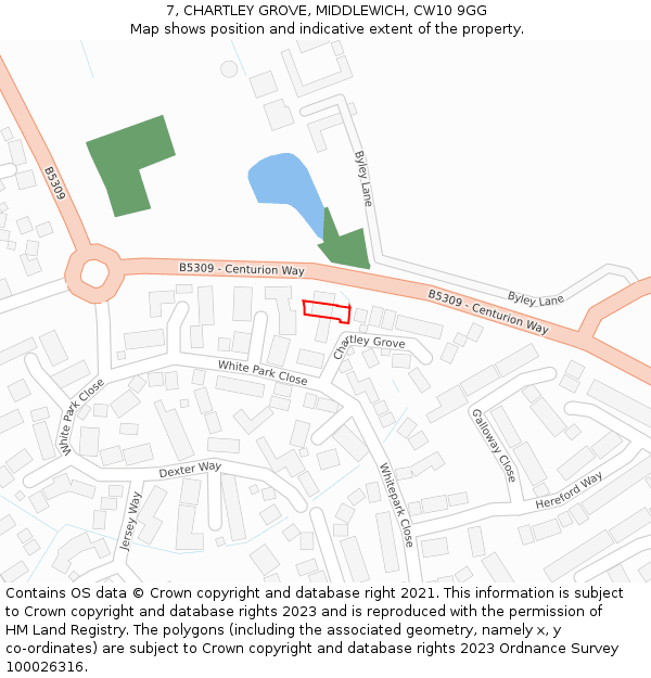 7, CHARTLEY GROVE, MIDDLEWICH, CW10 9GG: Location map and indicative extent of plot