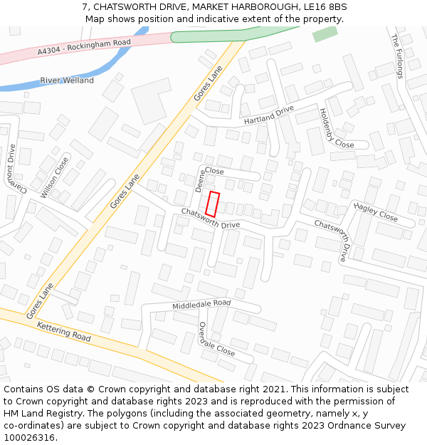 7, CHATSWORTH DRIVE, MARKET HARBOROUGH, LE16 8BS: Location map and indicative extent of plot