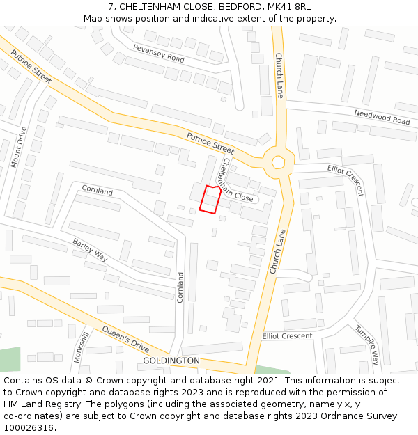 7, CHELTENHAM CLOSE, BEDFORD, MK41 8RL: Location map and indicative extent of plot