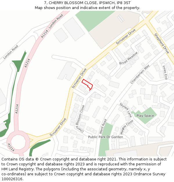 7, CHERRY BLOSSOM CLOSE, IPSWICH, IP8 3ST: Location map and indicative extent of plot