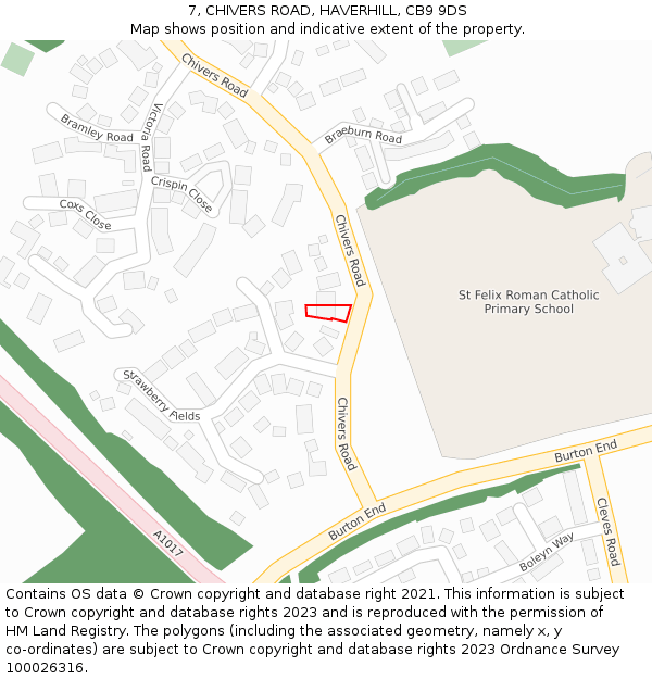 7, CHIVERS ROAD, HAVERHILL, CB9 9DS: Location map and indicative extent of plot
