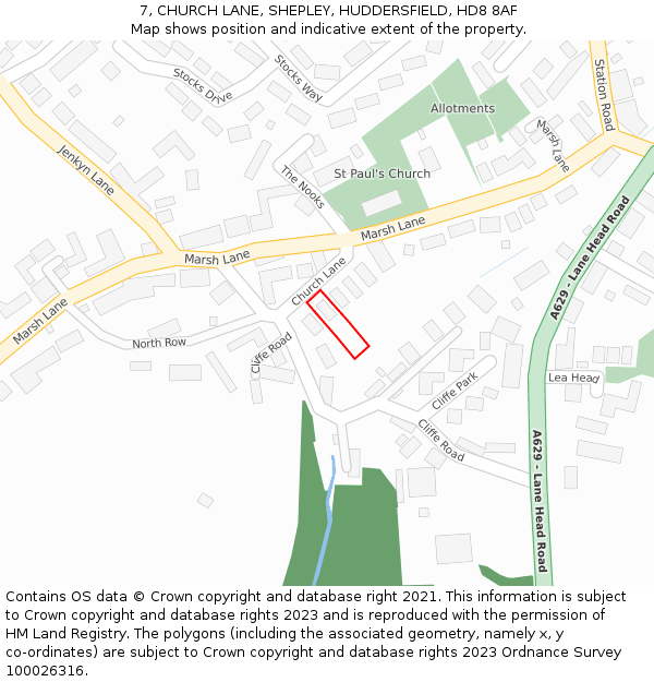 7, CHURCH LANE, SHEPLEY, HUDDERSFIELD, HD8 8AF: Location map and indicative extent of plot