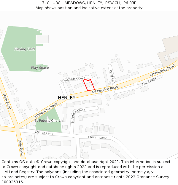 7, CHURCH MEADOWS, HENLEY, IPSWICH, IP6 0RP: Location map and indicative extent of plot