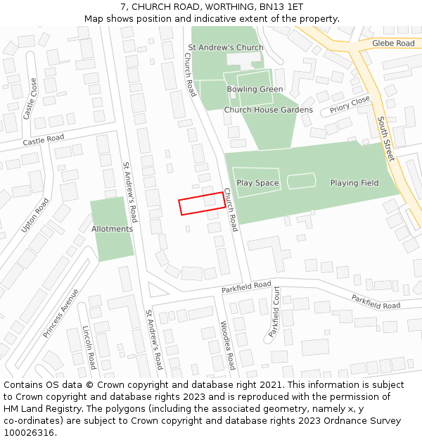 7, CHURCH ROAD, WORTHING, BN13 1ET: Location map and indicative extent of plot