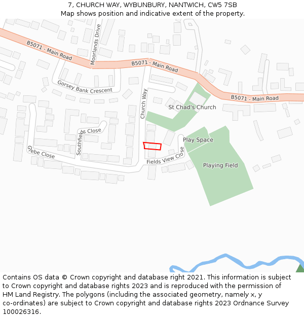 7, CHURCH WAY, WYBUNBURY, NANTWICH, CW5 7SB: Location map and indicative extent of plot