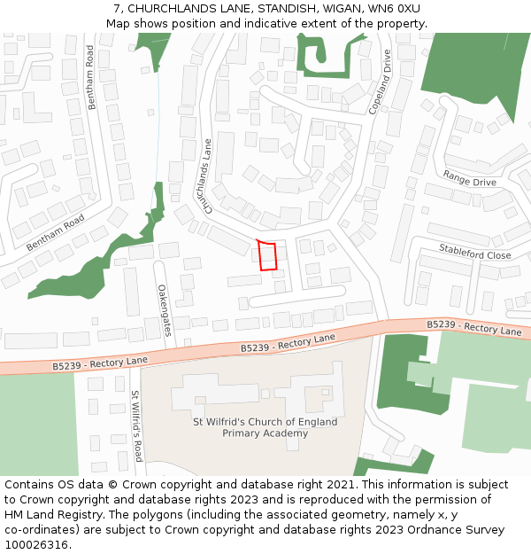 7, CHURCHLANDS LANE, STANDISH, WIGAN, WN6 0XU: Location map and indicative extent of plot