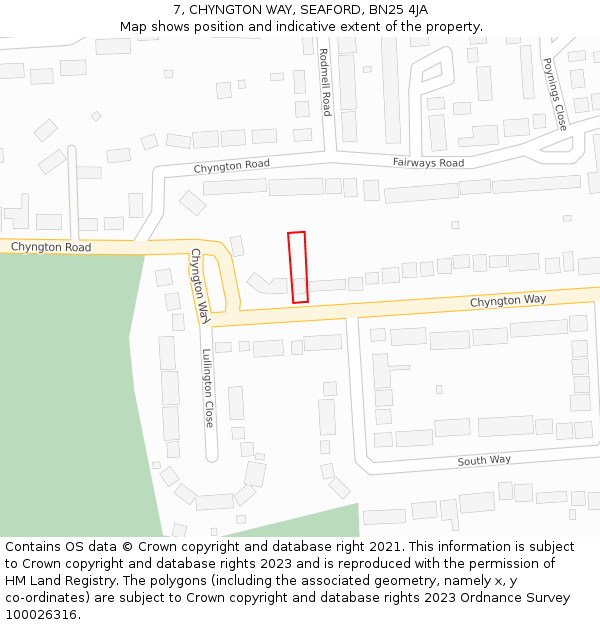 7, CHYNGTON WAY, SEAFORD, BN25 4JA: Location map and indicative extent of plot