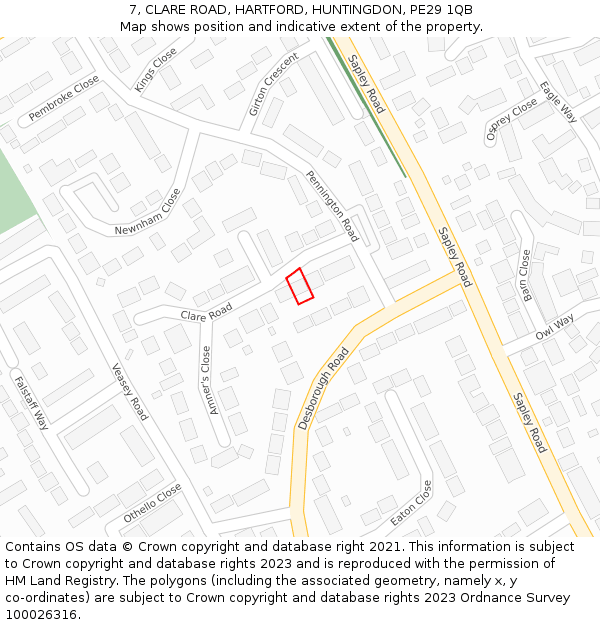 7, CLARE ROAD, HARTFORD, HUNTINGDON, PE29 1QB: Location map and indicative extent of plot