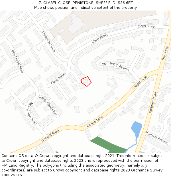 7, CLAREL CLOSE, PENISTONE, SHEFFIELD, S36 6FZ: Location map and indicative extent of plot