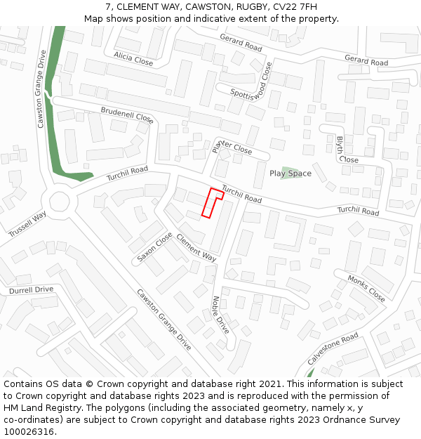 7, CLEMENT WAY, CAWSTON, RUGBY, CV22 7FH: Location map and indicative extent of plot