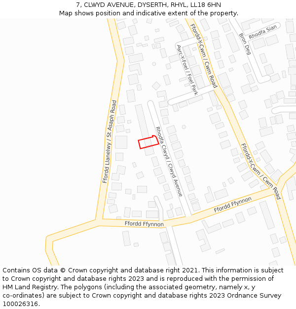 7, CLWYD AVENUE, DYSERTH, RHYL, LL18 6HN: Location map and indicative extent of plot