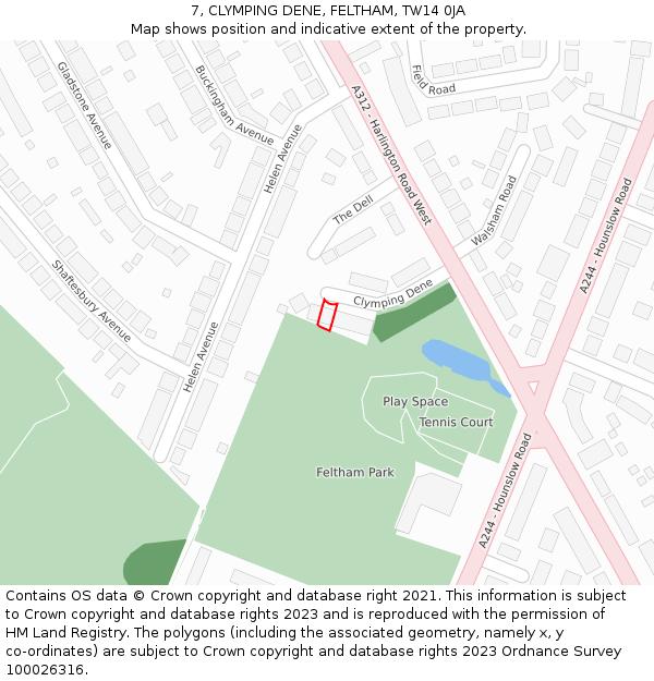 7, CLYMPING DENE, FELTHAM, TW14 0JA: Location map and indicative extent of plot
