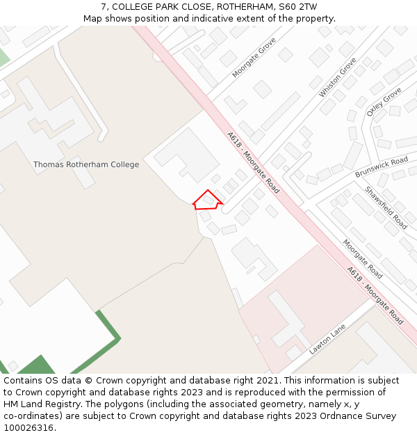 7, COLLEGE PARK CLOSE, ROTHERHAM, S60 2TW: Location map and indicative extent of plot