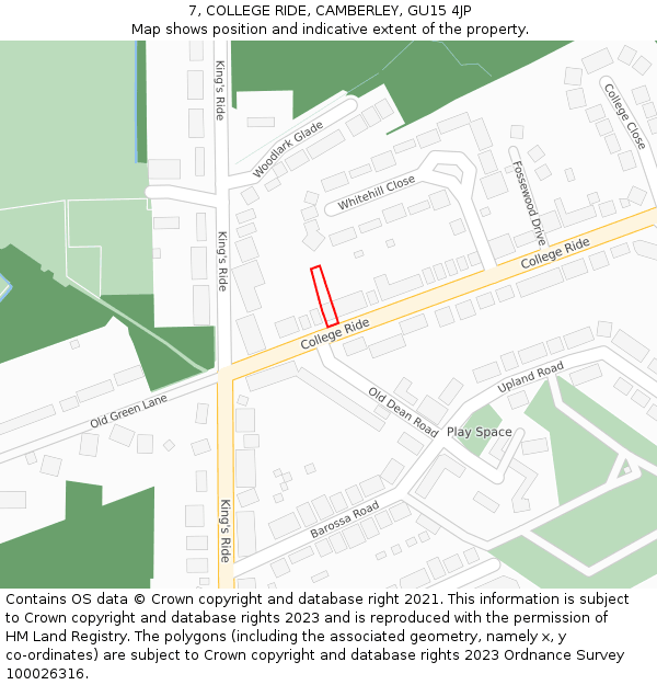 7, COLLEGE RIDE, CAMBERLEY, GU15 4JP: Location map and indicative extent of plot