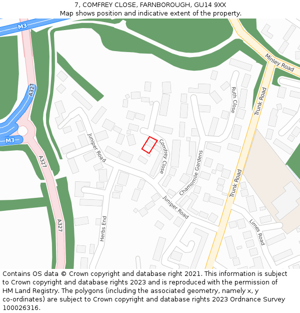 7, COMFREY CLOSE, FARNBOROUGH, GU14 9XX: Location map and indicative extent of plot
