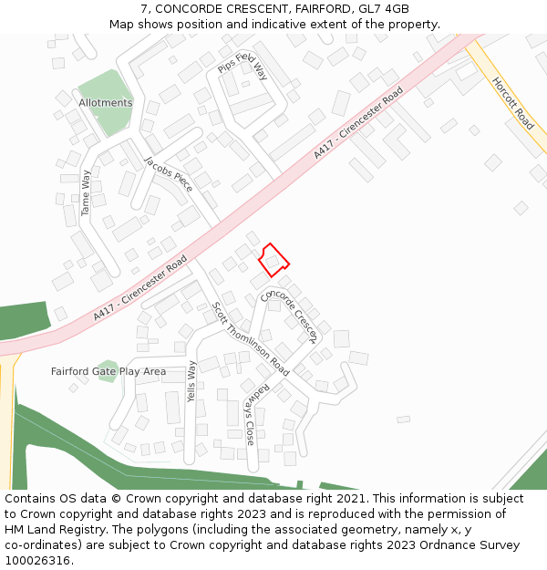 7, CONCORDE CRESCENT, FAIRFORD, GL7 4GB: Location map and indicative extent of plot