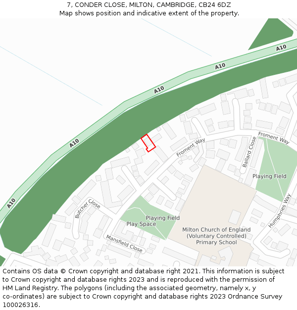 7, CONDER CLOSE, MILTON, CAMBRIDGE, CB24 6DZ: Location map and indicative extent of plot