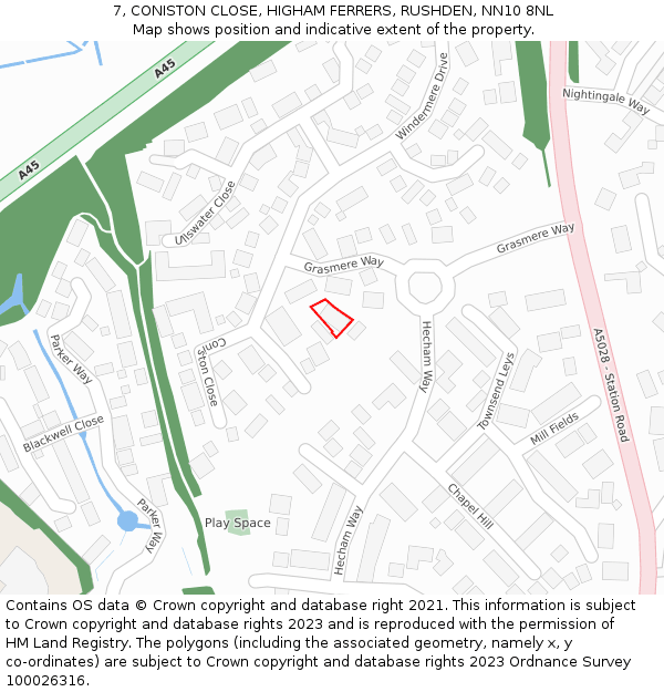 7, CONISTON CLOSE, HIGHAM FERRERS, RUSHDEN, NN10 8NL: Location map and indicative extent of plot
