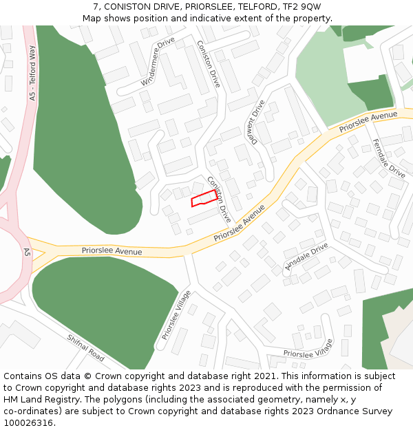7, CONISTON DRIVE, PRIORSLEE, TELFORD, TF2 9QW: Location map and indicative extent of plot