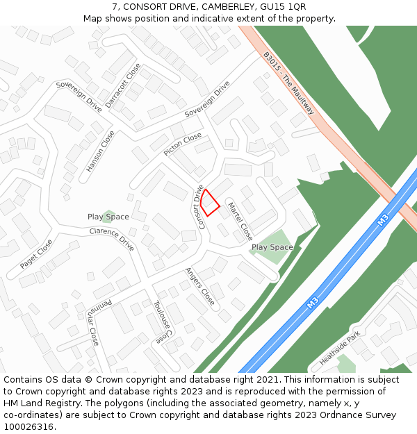 7, CONSORT DRIVE, CAMBERLEY, GU15 1QR: Location map and indicative extent of plot