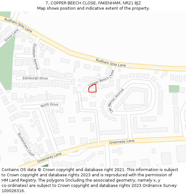 7, COPPER BEECH CLOSE, FAKENHAM, NR21 8JZ: Location map and indicative extent of plot