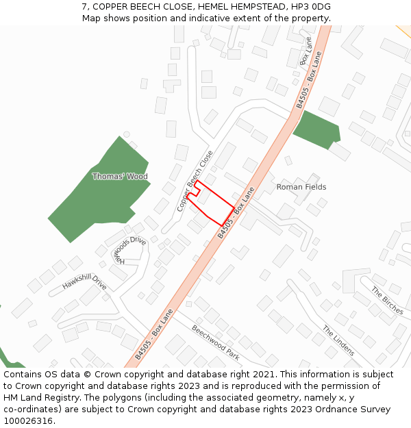 7, COPPER BEECH CLOSE, HEMEL HEMPSTEAD, HP3 0DG: Location map and indicative extent of plot
