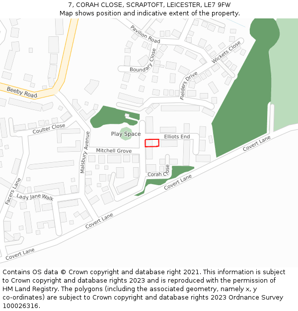 7, CORAH CLOSE, SCRAPTOFT, LEICESTER, LE7 9FW: Location map and indicative extent of plot