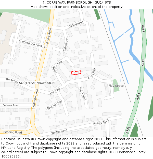 7, CORFE WAY, FARNBOROUGH, GU14 6TS: Location map and indicative extent of plot