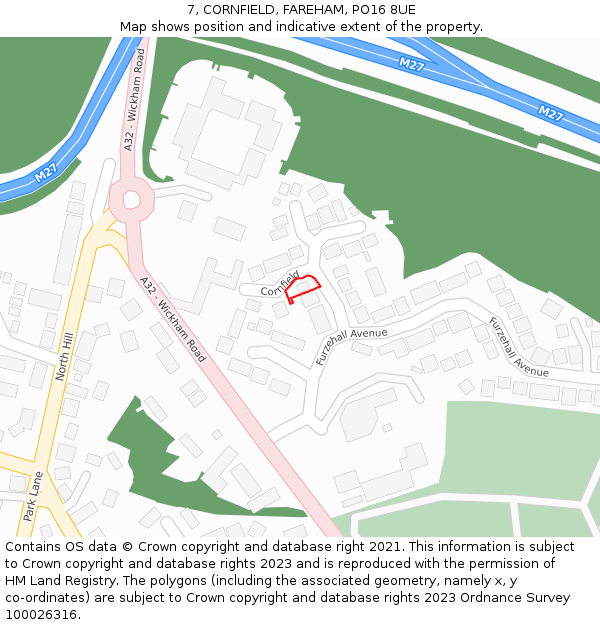 7, CORNFIELD, FAREHAM, PO16 8UE: Location map and indicative extent of plot