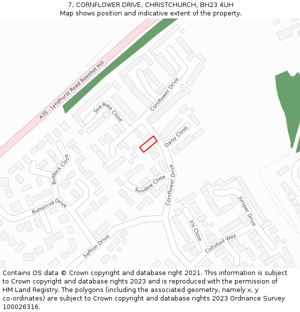 7, CORNFLOWER DRIVE, CHRISTCHURCH, BH23 4UH: Location map and indicative extent of plot