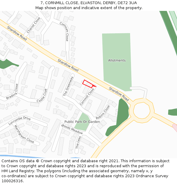 7, CORNMILL CLOSE, ELVASTON, DERBY, DE72 3UA: Location map and indicative extent of plot