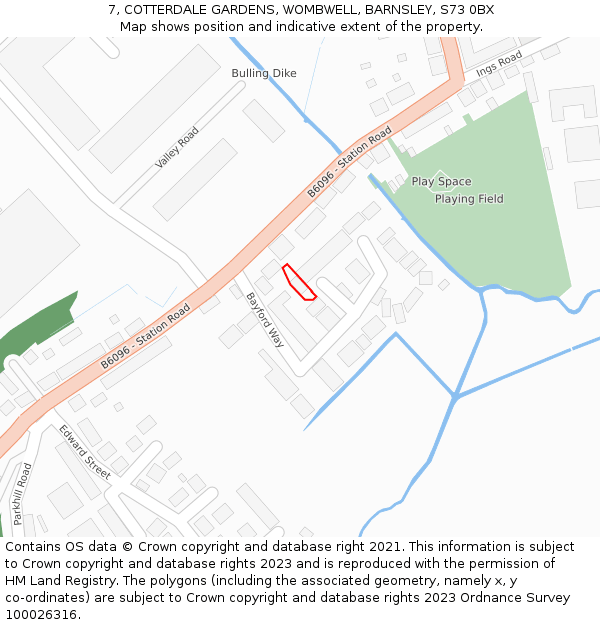 7, COTTERDALE GARDENS, WOMBWELL, BARNSLEY, S73 0BX: Location map and indicative extent of plot
