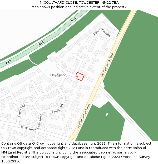 7, COULTHARD CLOSE, TOWCESTER, NN12 7BA: Location map and indicative extent of plot