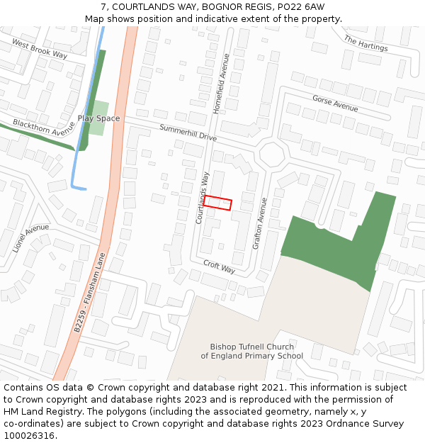 7, COURTLANDS WAY, BOGNOR REGIS, PO22 6AW: Location map and indicative extent of plot