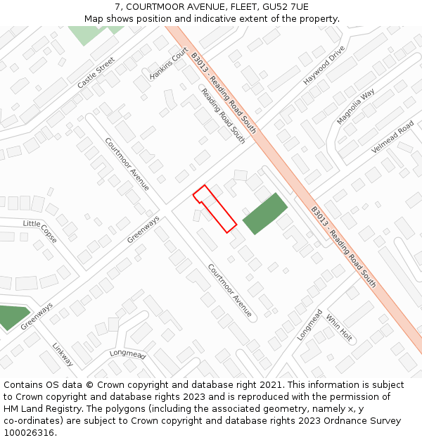 7, COURTMOOR AVENUE, FLEET, GU52 7UE: Location map and indicative extent of plot