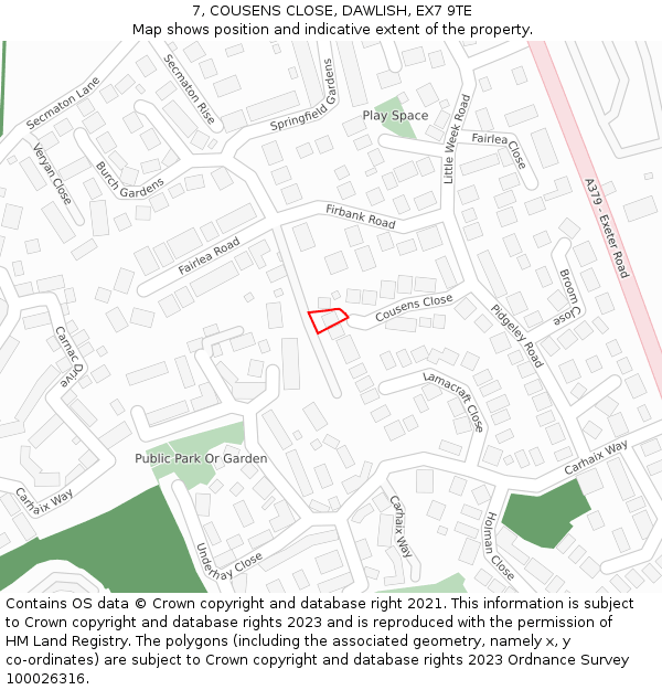 7, COUSENS CLOSE, DAWLISH, EX7 9TE: Location map and indicative extent of plot