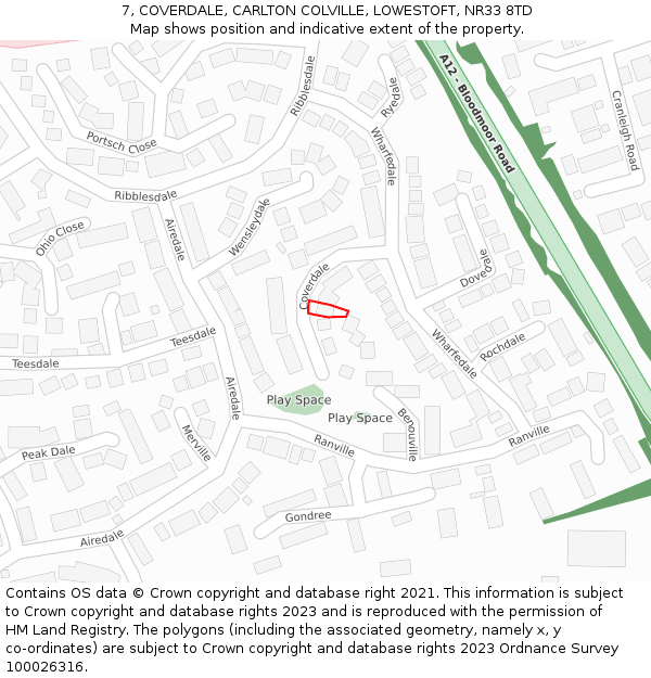 7, COVERDALE, CARLTON COLVILLE, LOWESTOFT, NR33 8TD: Location map and indicative extent of plot