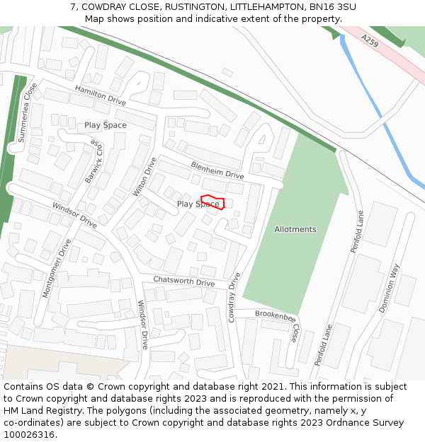 7, COWDRAY CLOSE, RUSTINGTON, LITTLEHAMPTON, BN16 3SU: Location map and indicative extent of plot