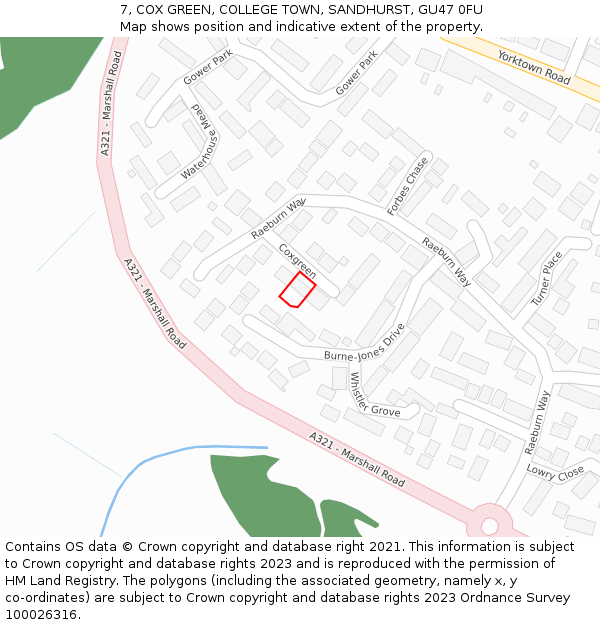 7, COX GREEN, COLLEGE TOWN, SANDHURST, GU47 0FU: Location map and indicative extent of plot